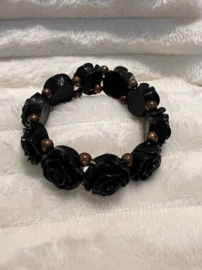 Black Rose Stretch Bracelet with Antiqued Gold Accent Beads